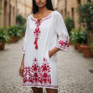 C|C Chic Connection Embroidered Boho Dress or Swim Cover-Up White Red